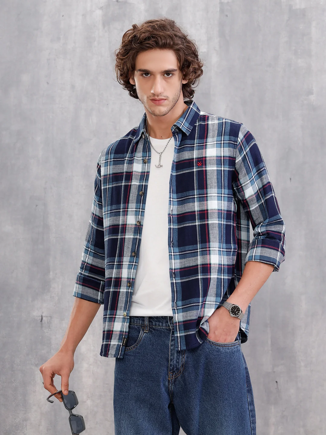 100 %Cotton Check Pattern Regular Fit Shirt | Navy Blue