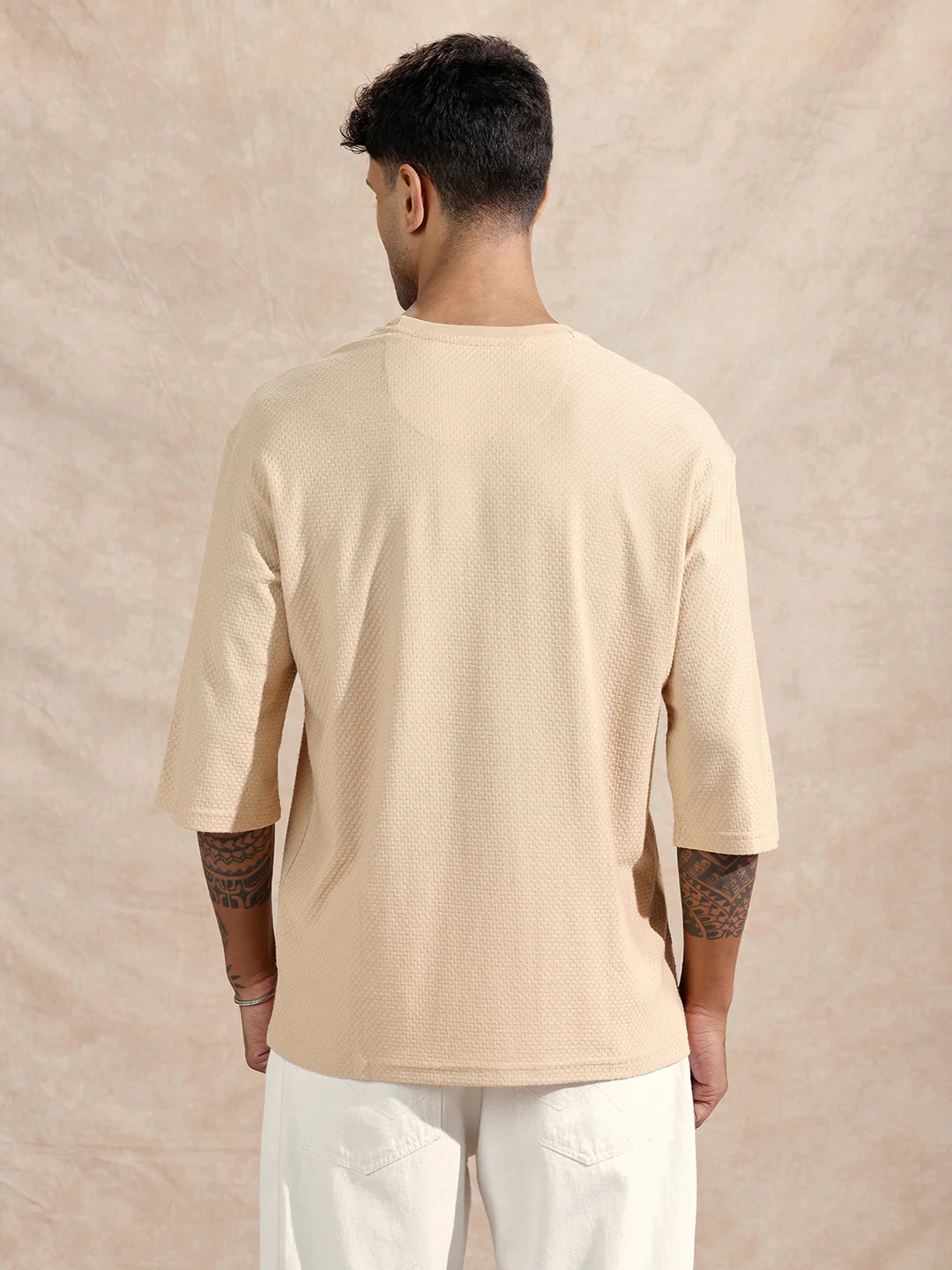 3/4th Sleeve Textured T-Shirt | Beige - Image 3