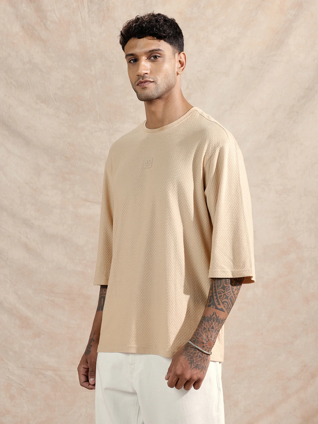 3/4th Sleeve Textured T-Shirt | Beige - Image 4