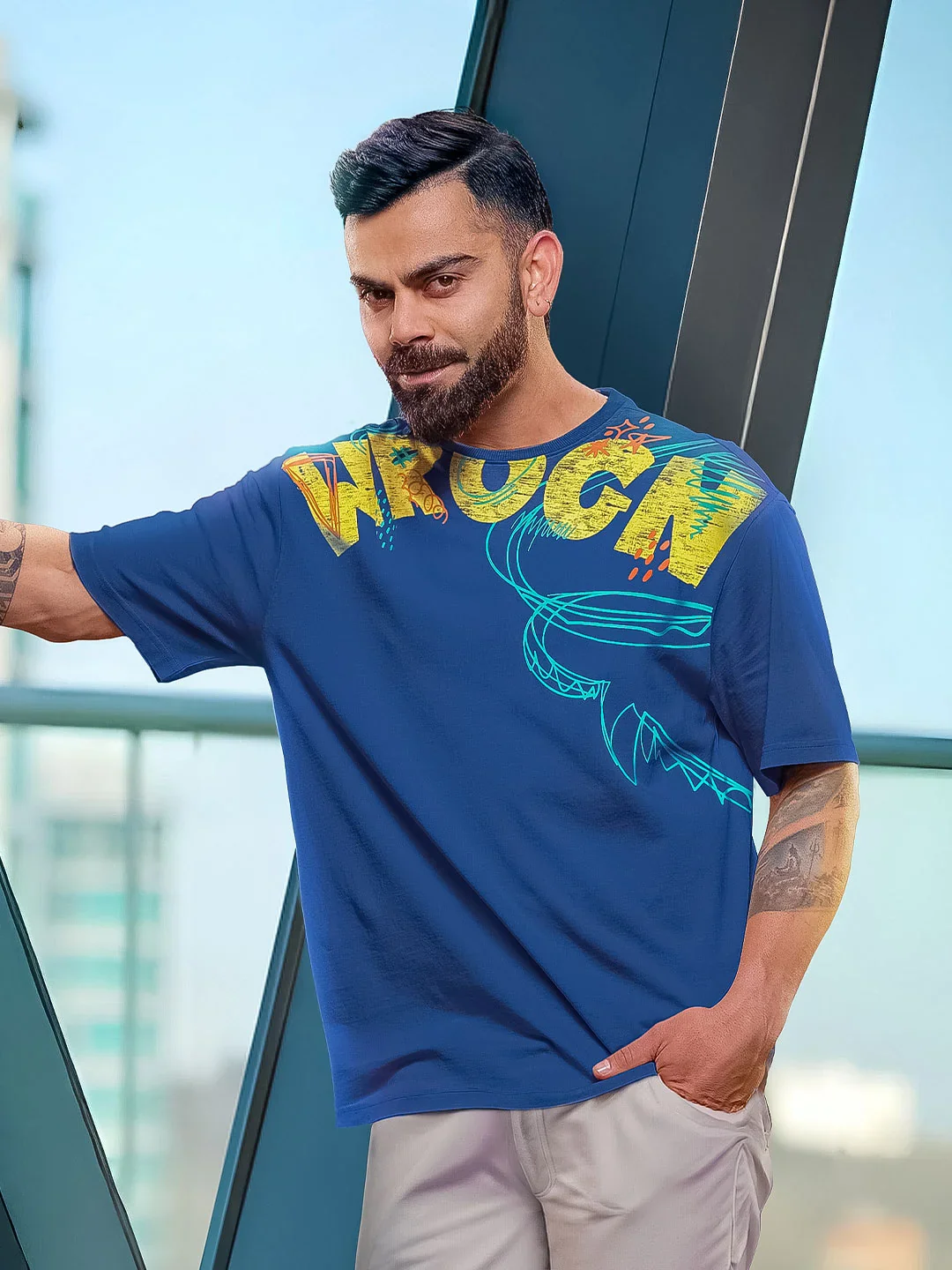 Heavy GSM Placement Print T-Shirt | Blue
