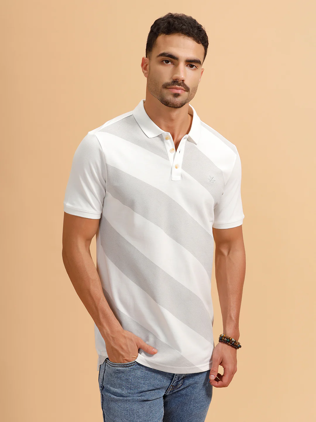 Angular Stripes Slim Fit Polo T-Shirt | White