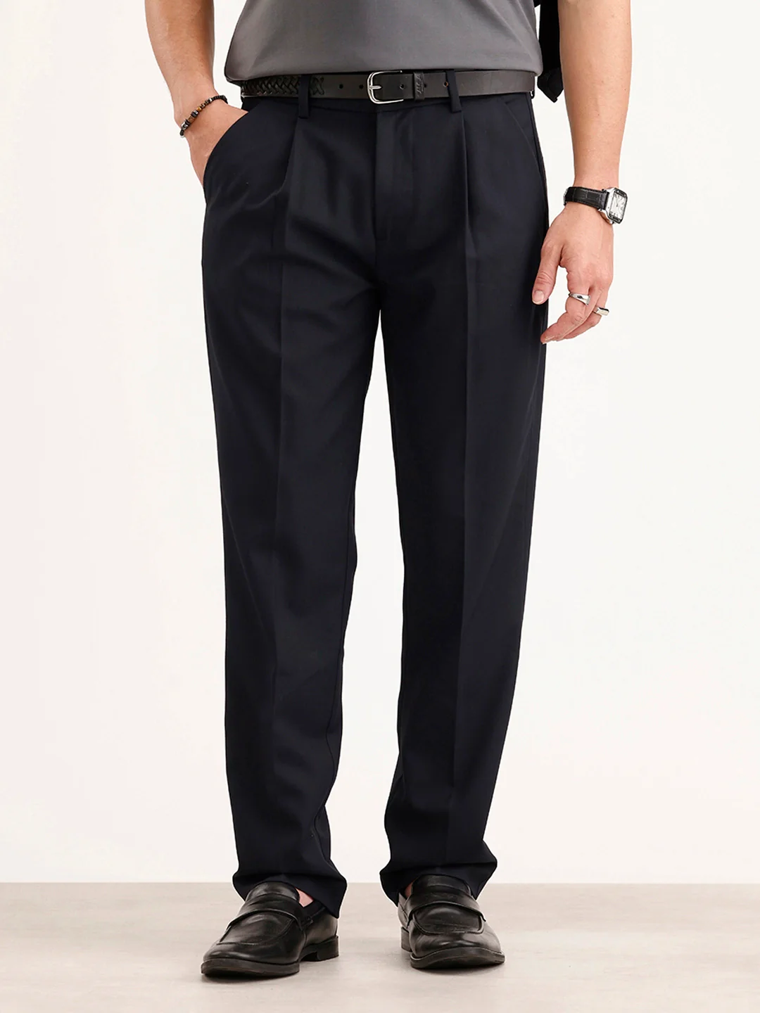 Anti Fit Pleated Trouser | Navy Blue