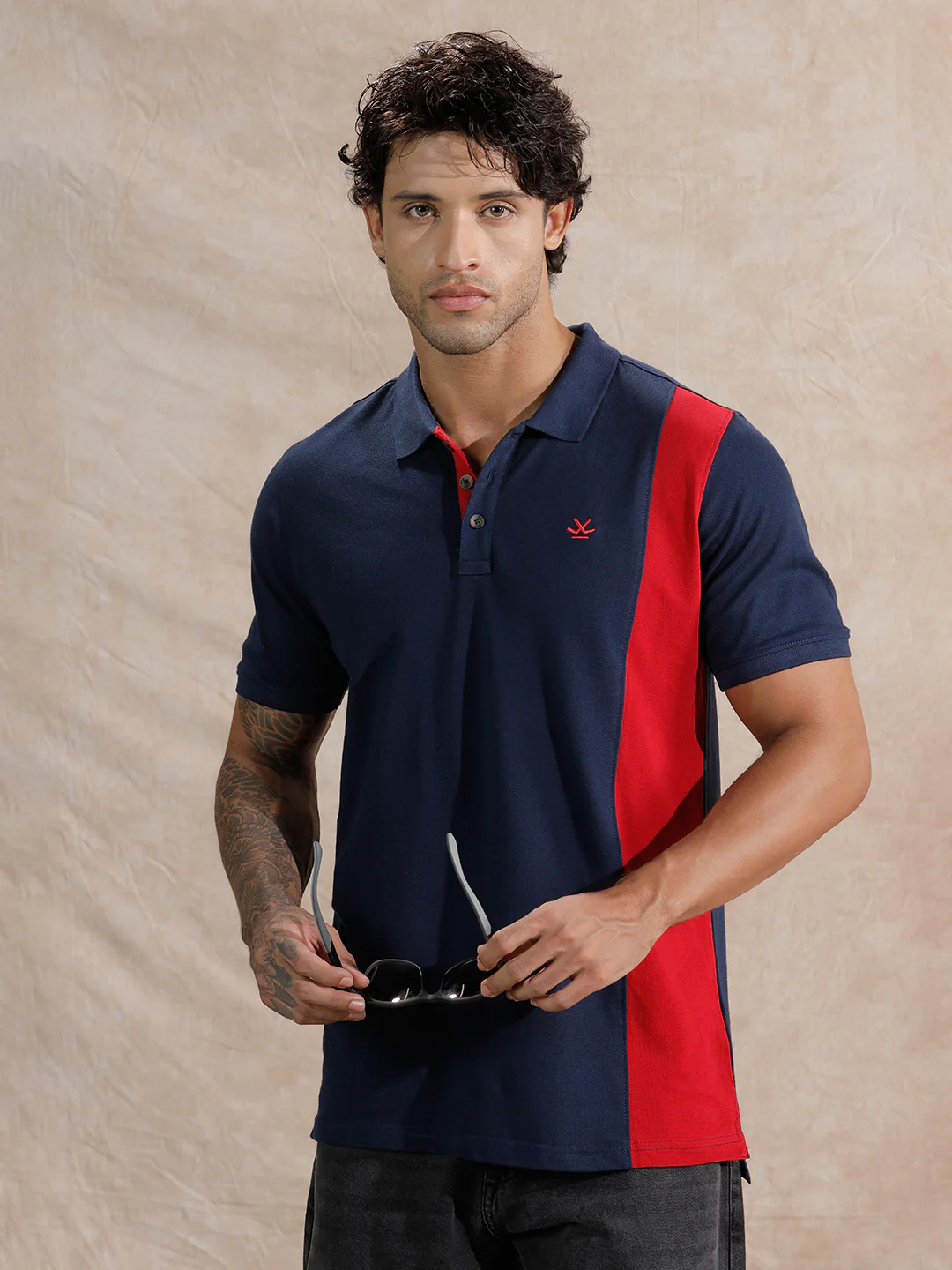 Asymmetric Colour Blocked Polo T-Shirt | Navy Blue