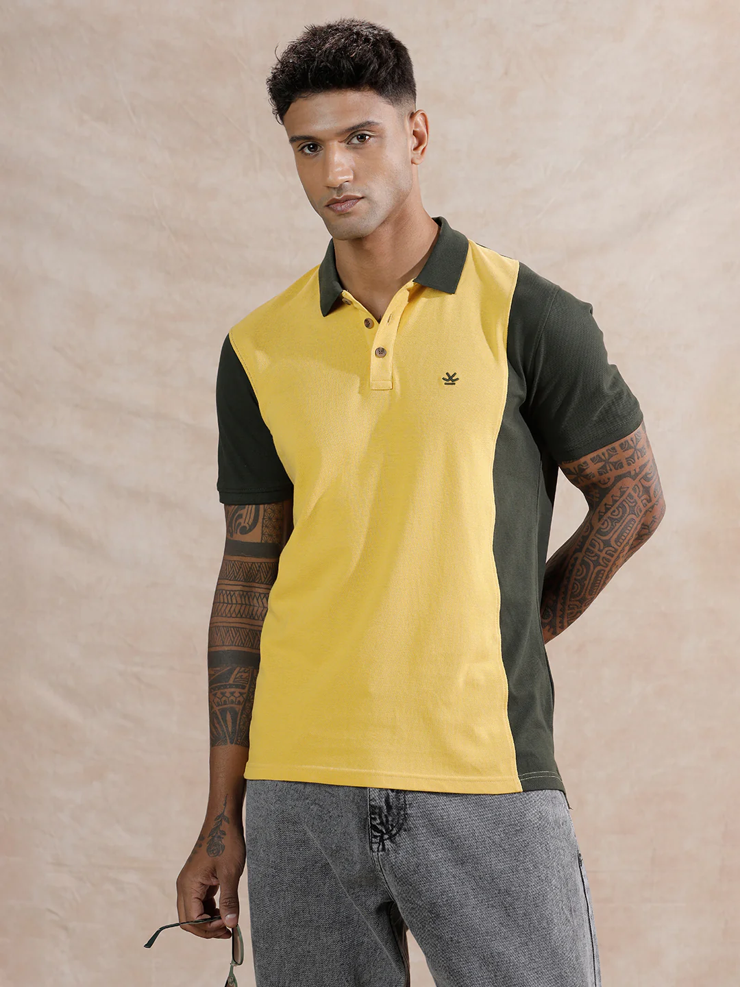 Asymmetric Colour Blocked Polo T-Shirt | Yellow & Olive