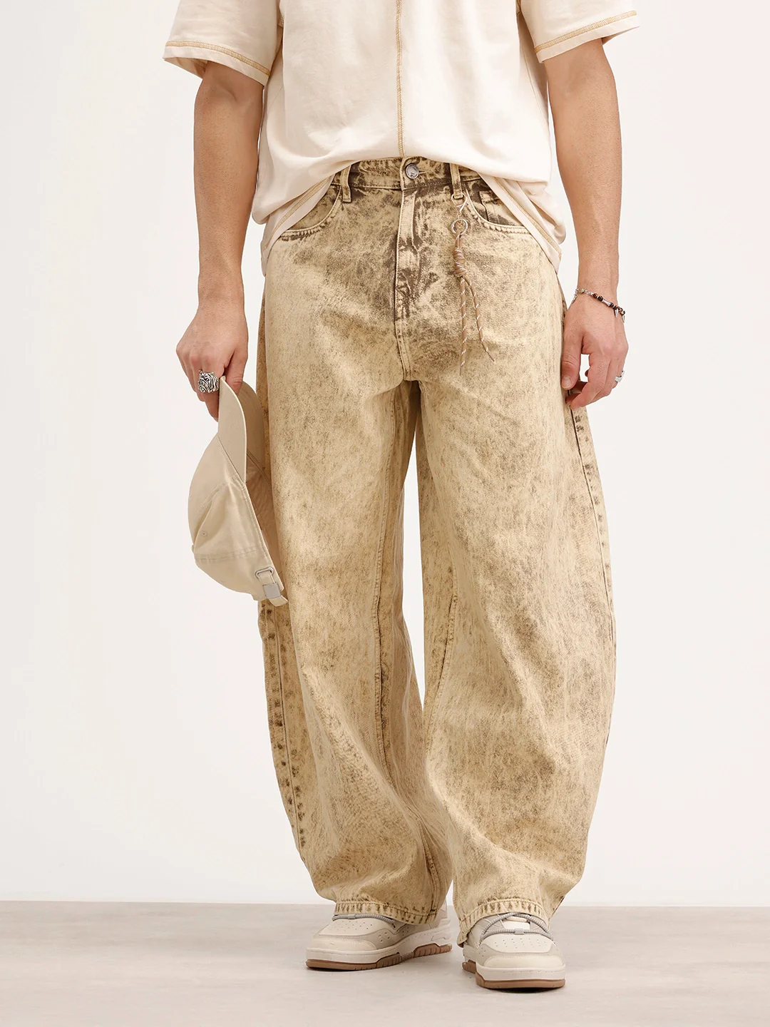 Balloon Fit Washed Denim Jeans | Khaki