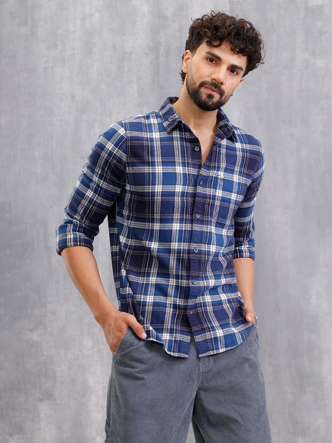 Brushed Flannel Check Shirt In Slim Fit | Navy Blue