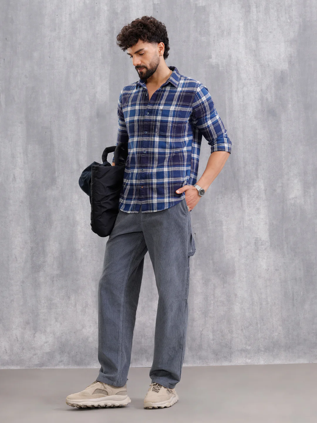 Brushed Flannel Check Shirt In Slim Fit | Navy Blue - Image 2