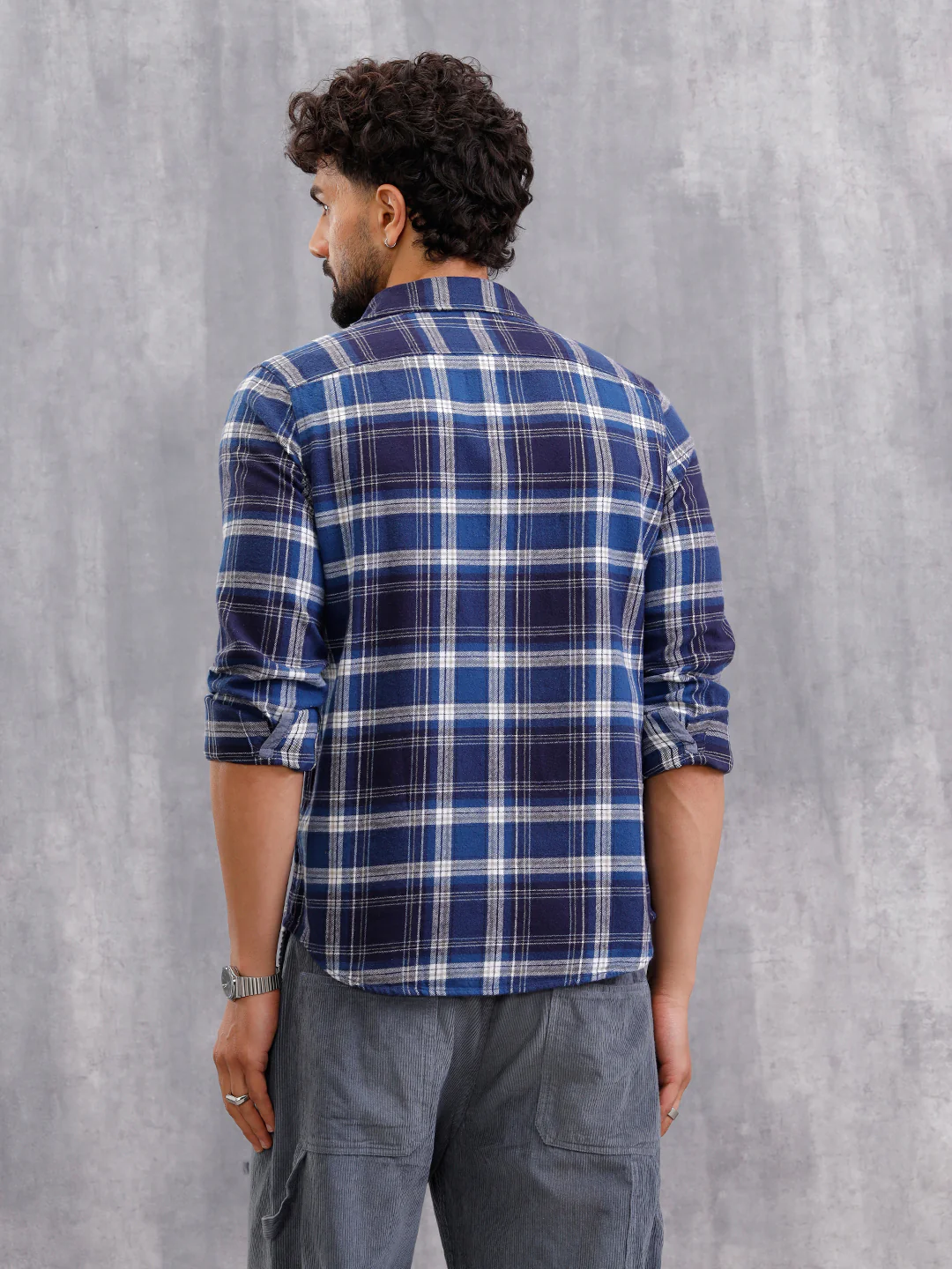 Brushed Flannel Check Shirt In Slim Fit | Navy Blue - Image 3