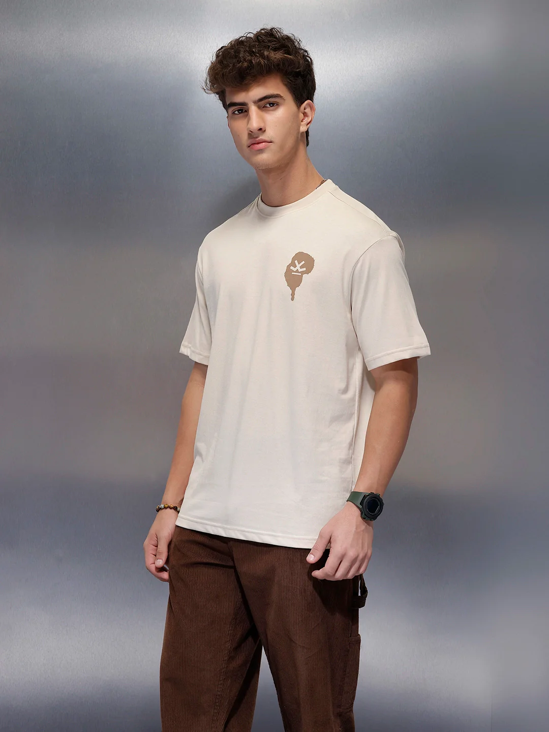Casual Back Printed Oversized T-Shirt | Beige - Image 4