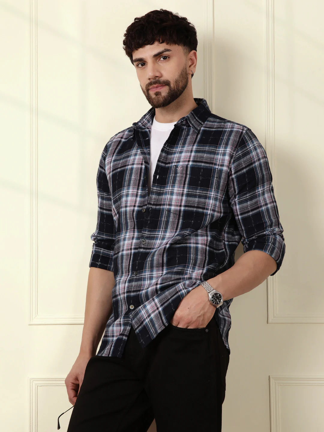 Cotton Checks Slim Fit Shirt | Black