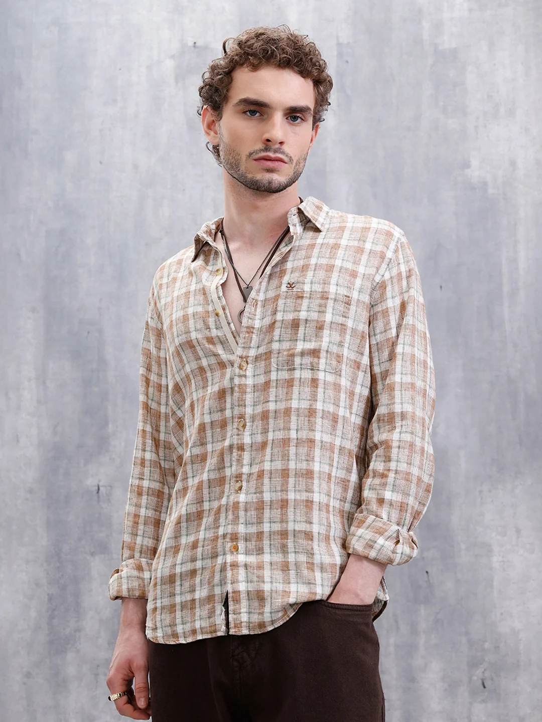 Checked Linen Blend Shirt | Khaki