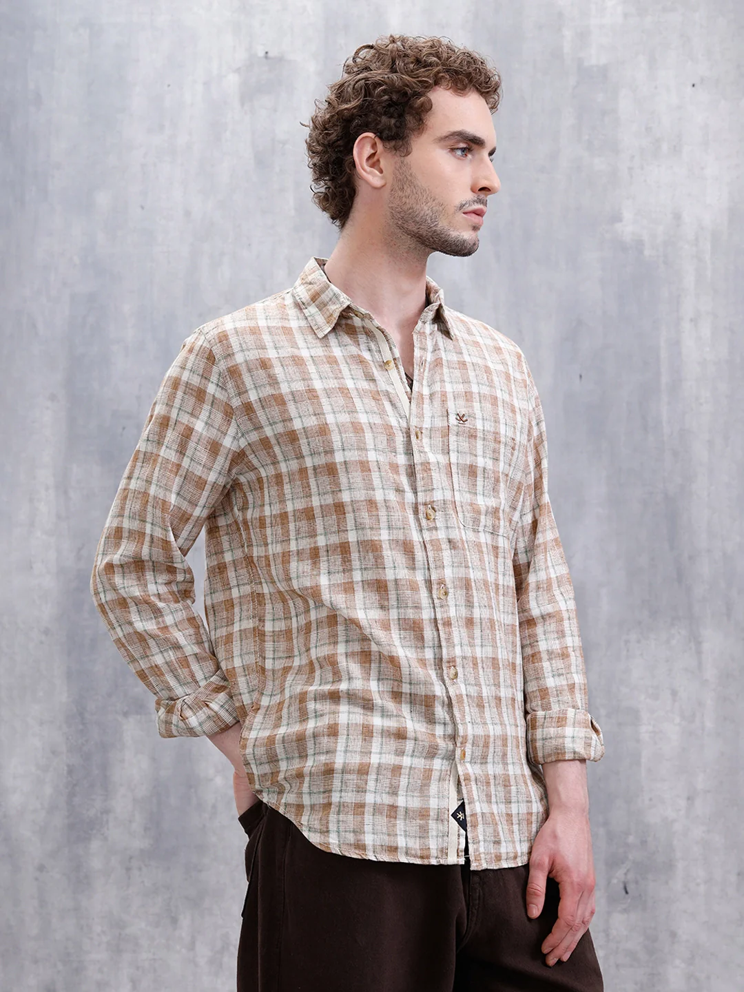 Checked Linen Blend Shirt | Khaki - Image 4