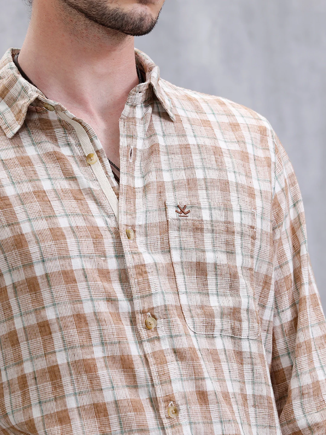 Checked Linen Blend Shirt | Khaki - Image 5