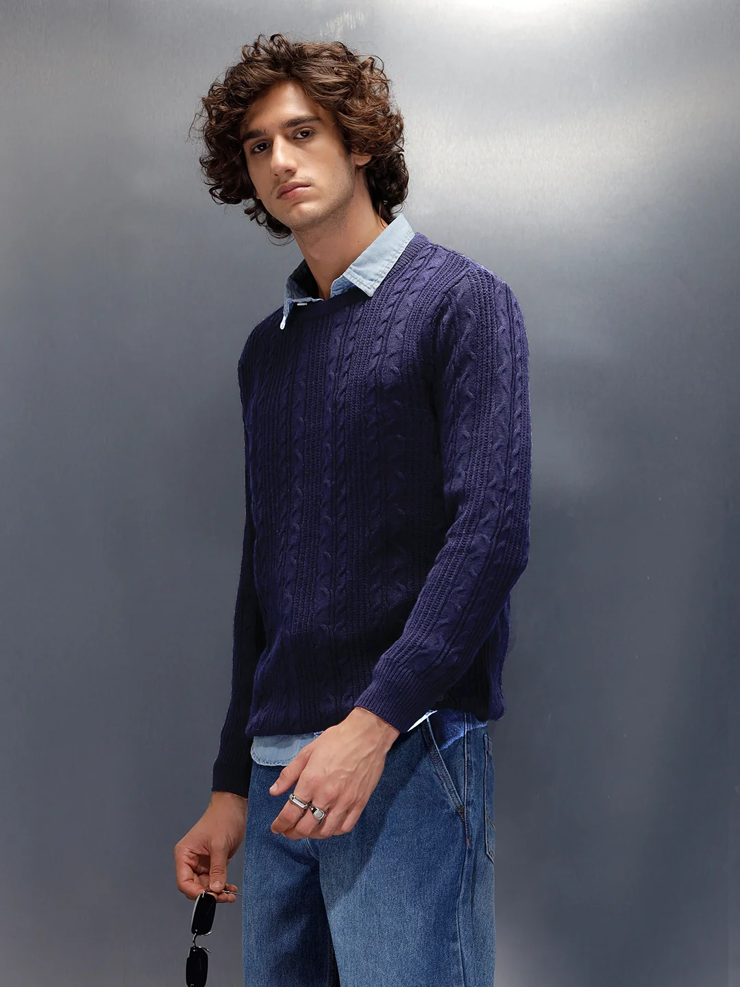 Chunky Cable Knit Slim Fit Crew Neck Sweater  | Navy Blue