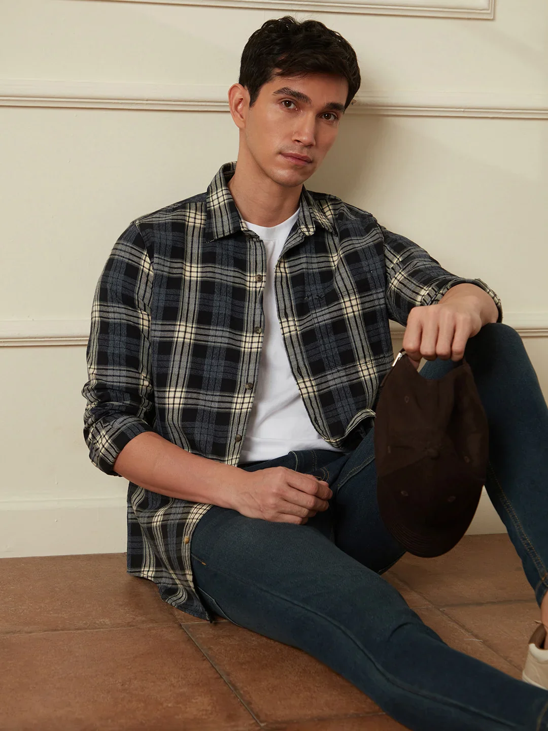 Textured Checks Slim Fit Shirt | Black