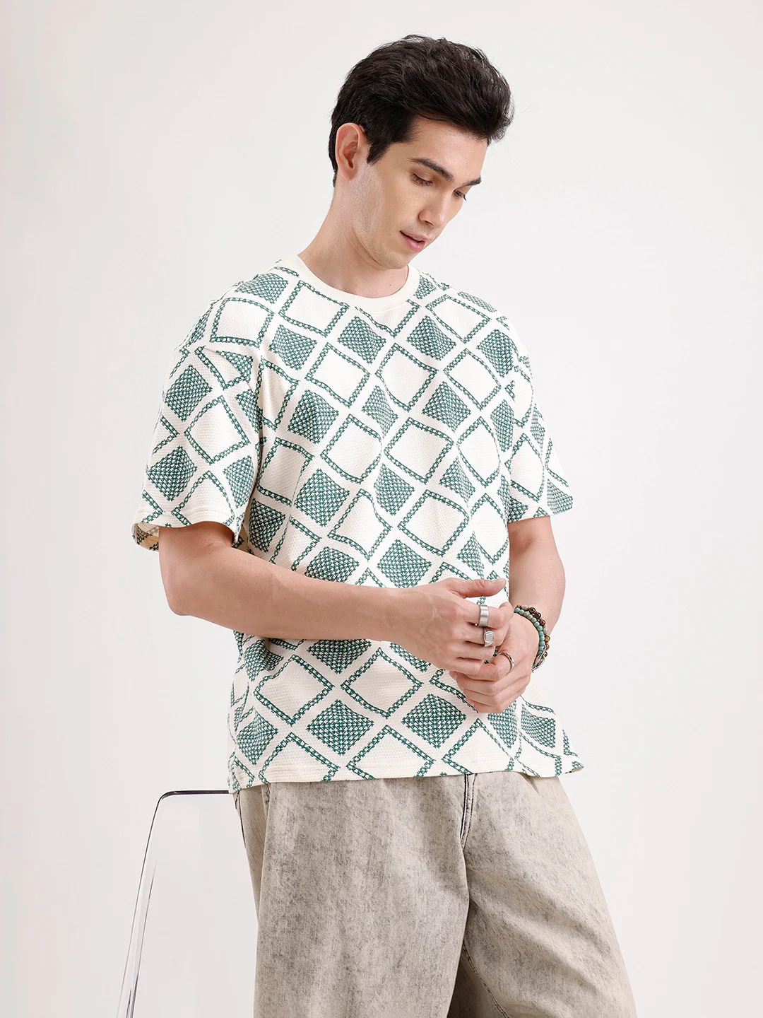 Oversized Popcorn Textured AOP T-Shirt | Olive