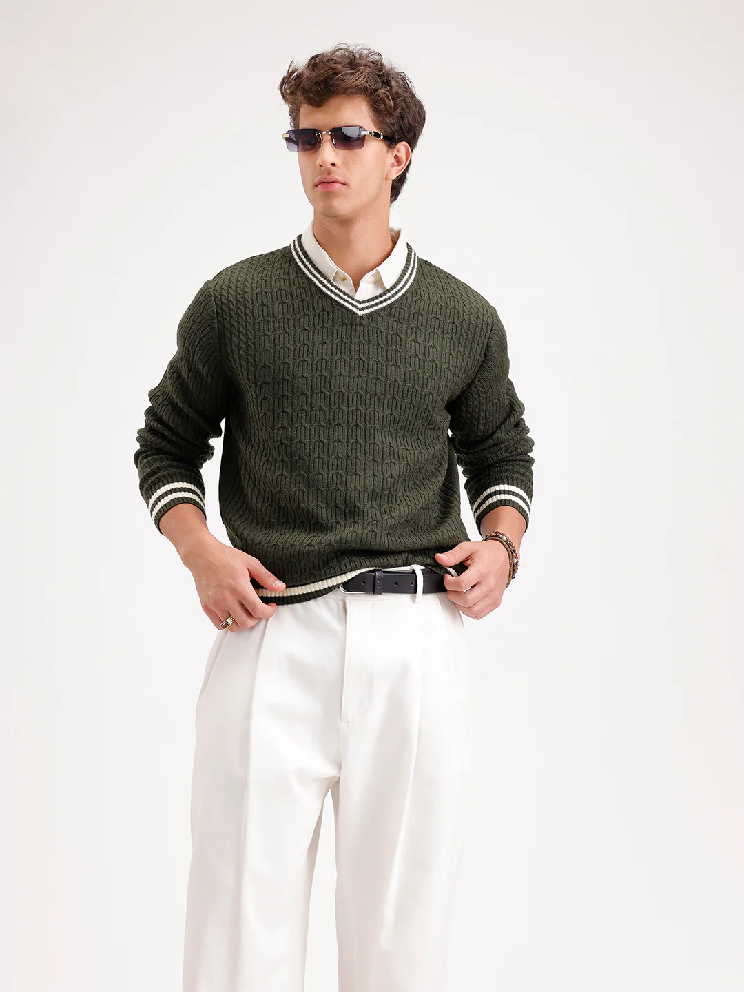 Classic Regular Fit Cable Knit Sweater | Olive