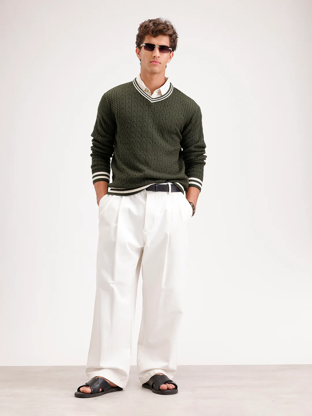 Classic Regular Fit Cable Knit Sweater | Olive - Image 2