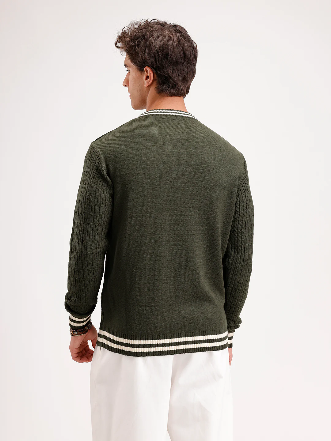 Classic Regular Fit Cable Knit Sweater | Olive - Image 3