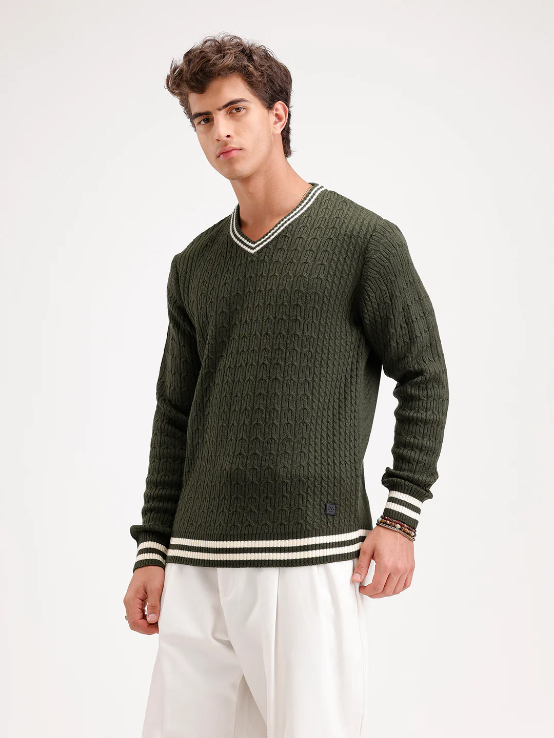 Classic Regular Fit Cable Knit Sweater | Olive - Image 4