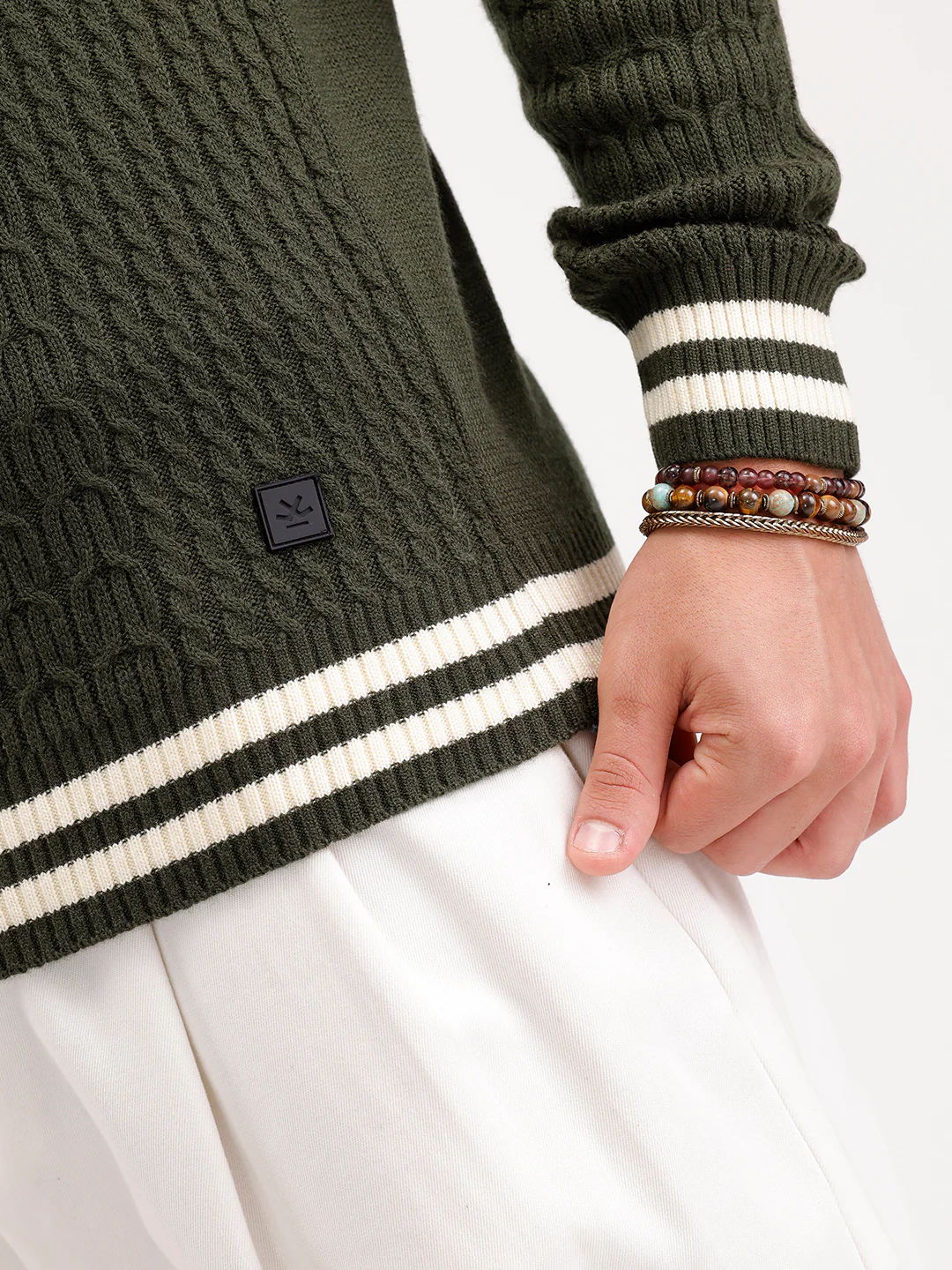 Classic Regular Fit Cable Knit Sweater | Olive - Image 5