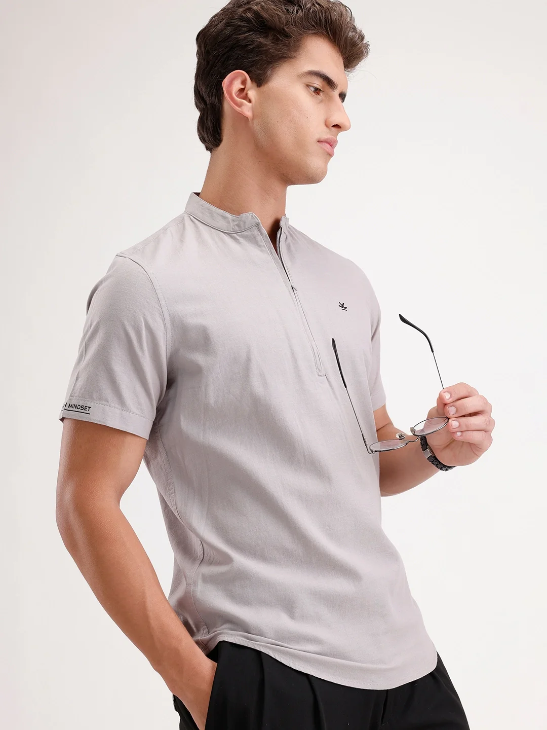 Classic Regular Fit Mandrin Collar Shirt | Grey