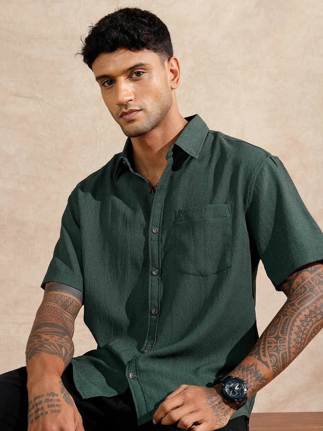 Classic Textured Short Sleeve Shirt | Dark Green