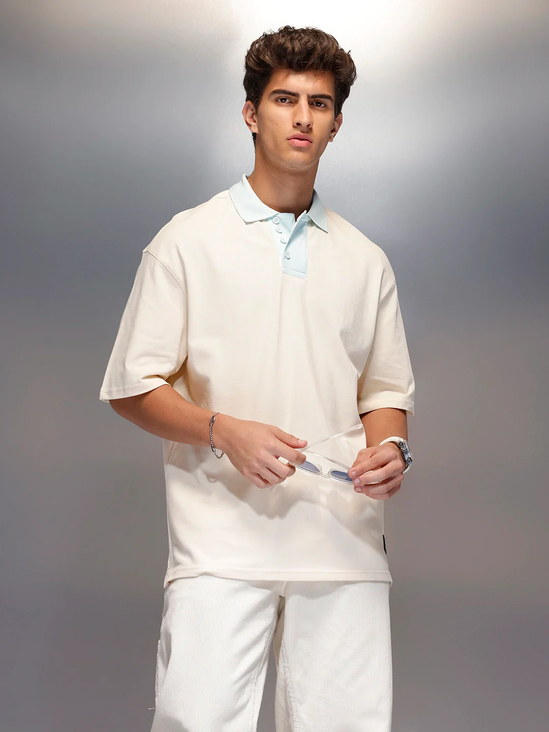 Colour Blocked Oversized Polo T-Shirt | Beige