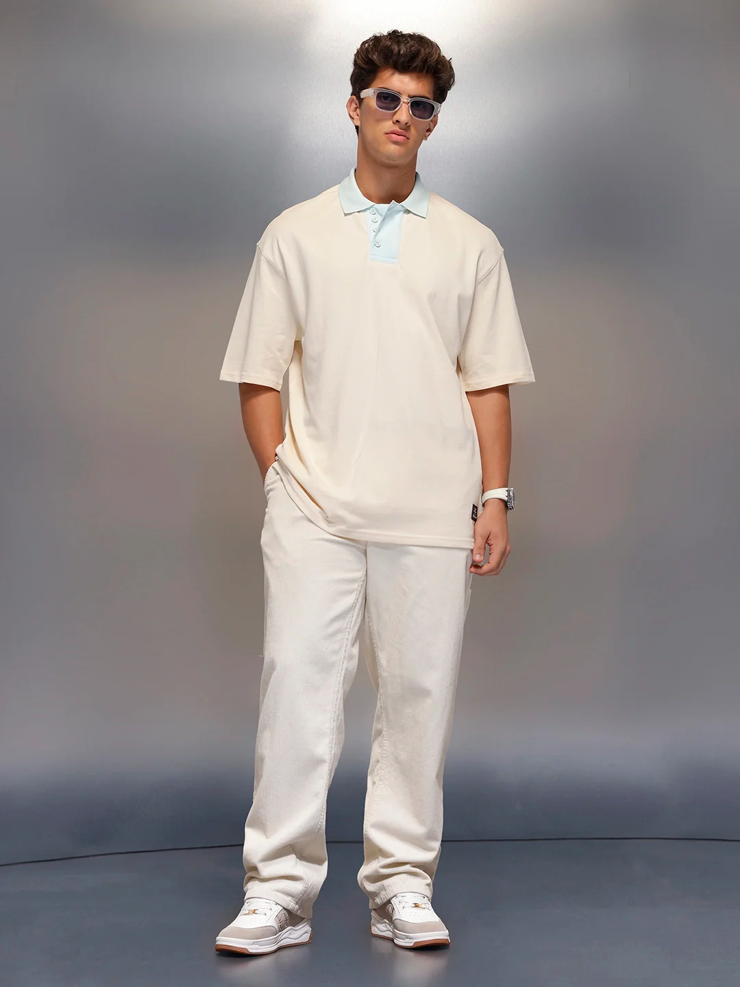 Colour Blocked Oversized Polo T-Shirt | Beige - Image 2