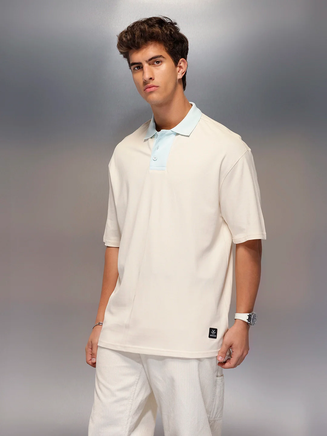 Colour Blocked Oversized Polo T-Shirt | Beige - Image 4