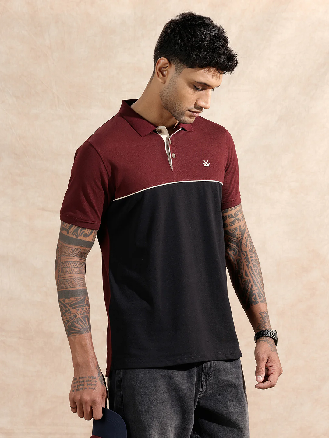 Colour Blocked Polo T-Shirt | Maroon & Black