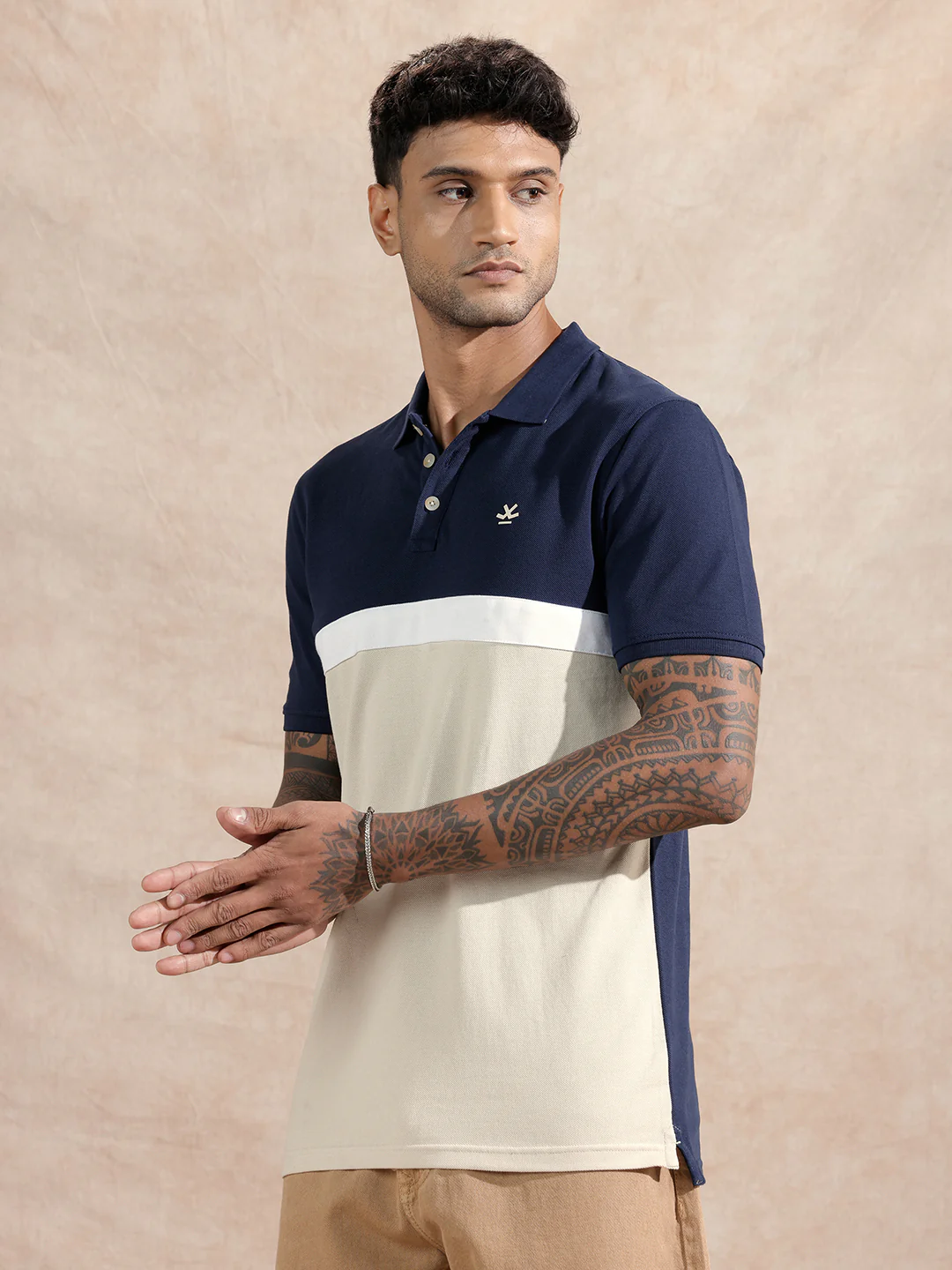 Colour Blocked Polo T-Shirt | Navy & Beige