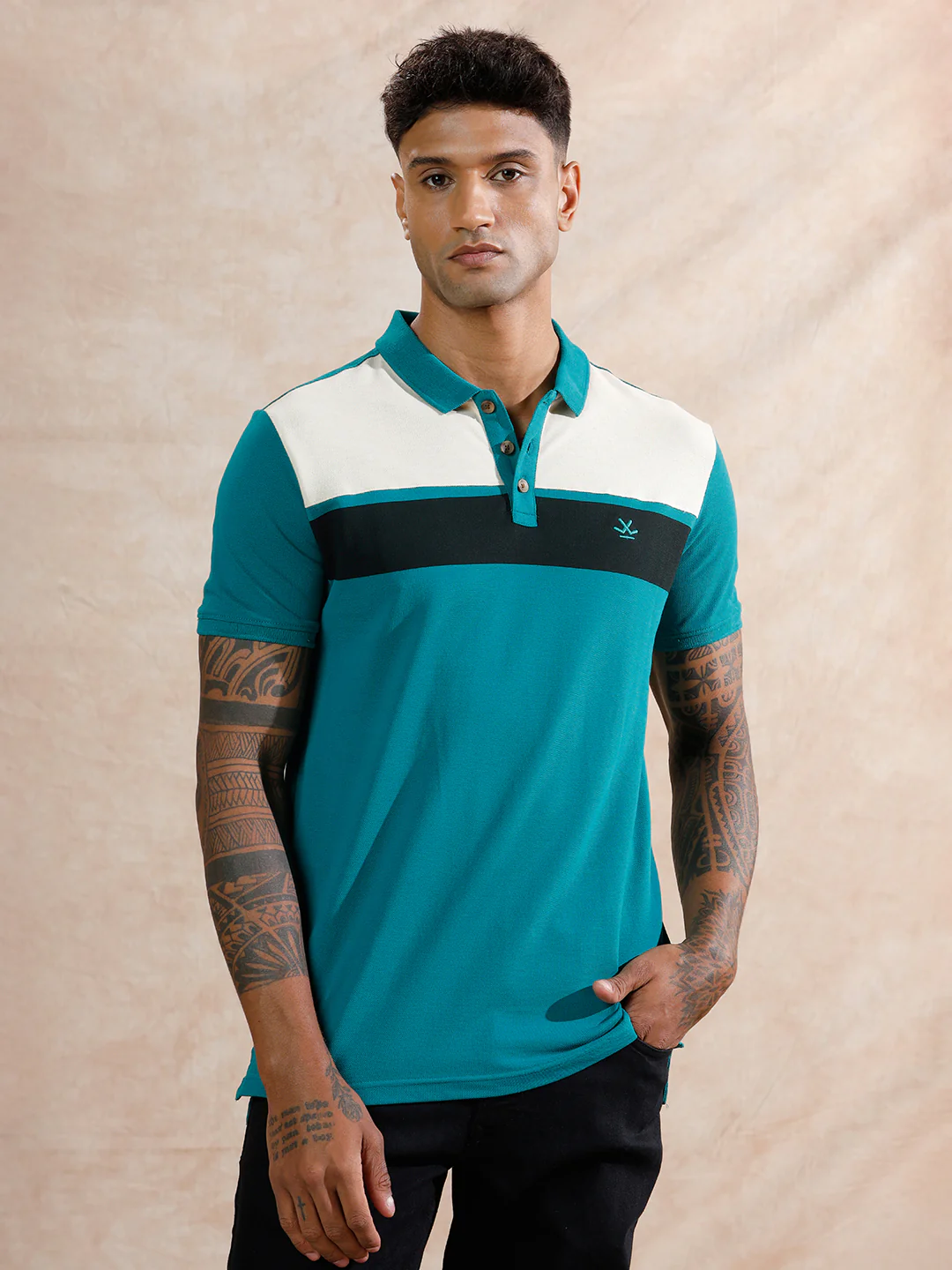 Colour Blocked Polo T-Shirt | Teal