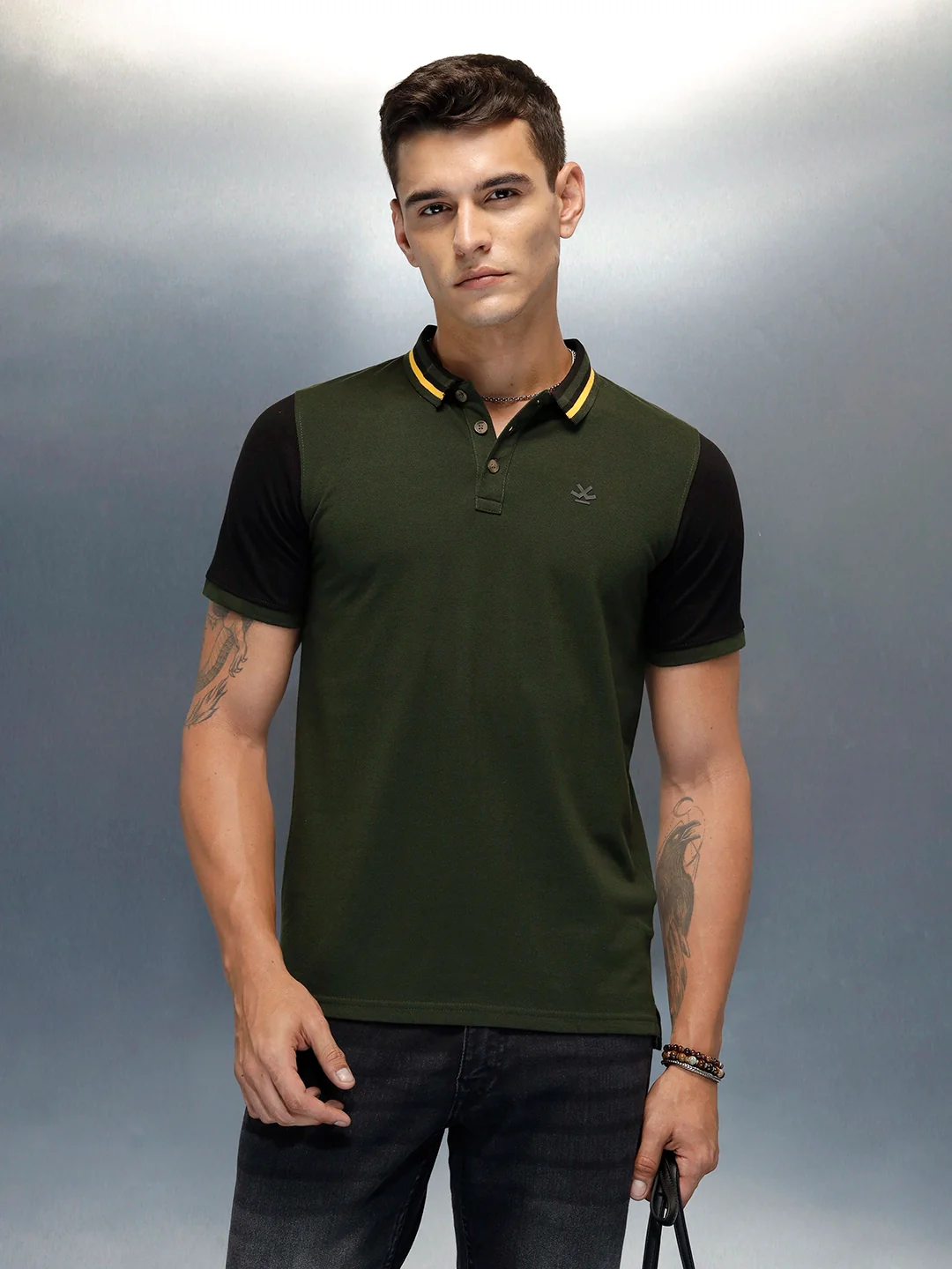 Colourblock Causal Men's Polo Neck T-Shirt | Olive