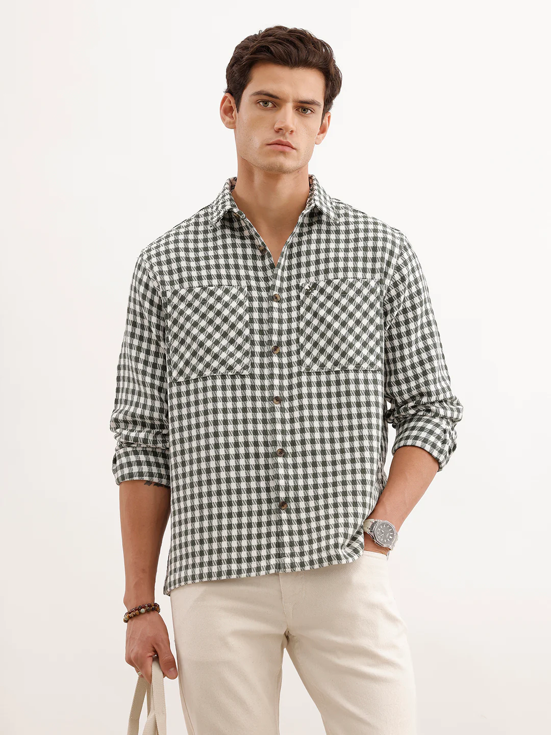 Comfort Fit Checkered Double Pocket Shirt | Olive