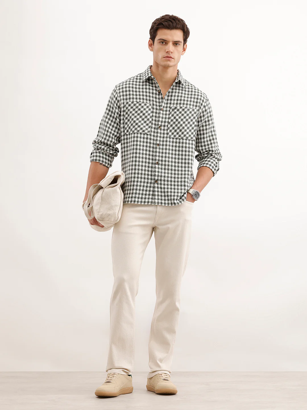Comfort Fit Checkered Double Pocket Shirt | Olive - Image 2