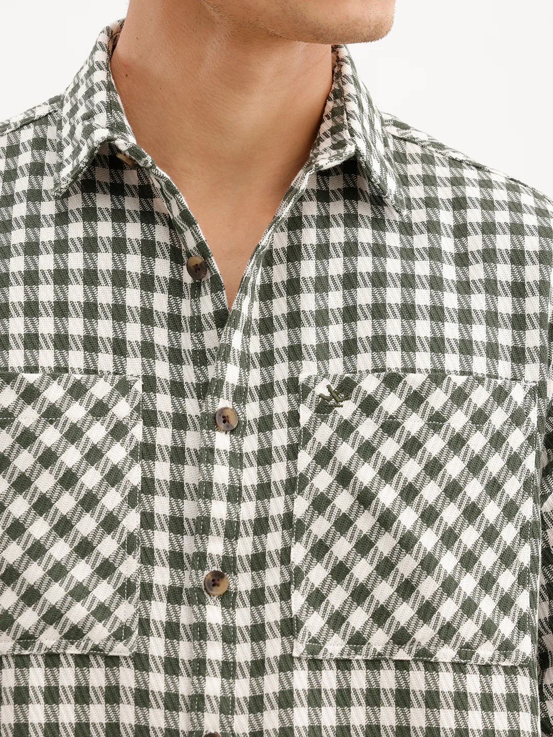 Comfort Fit Checkered Double Pocket Shirt | Olive - Image 5