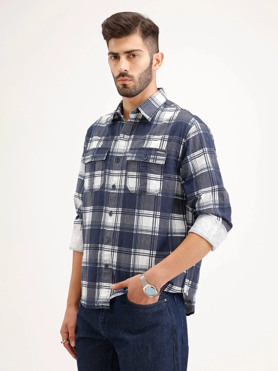 Comfort Fit Double Pocket Checkered Shirt | Blue - Image 4