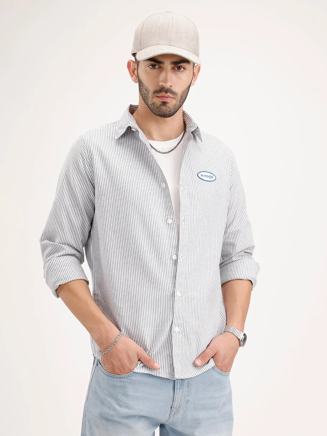 Comfort Fit Striped Patch Detailed Shirt | Grey