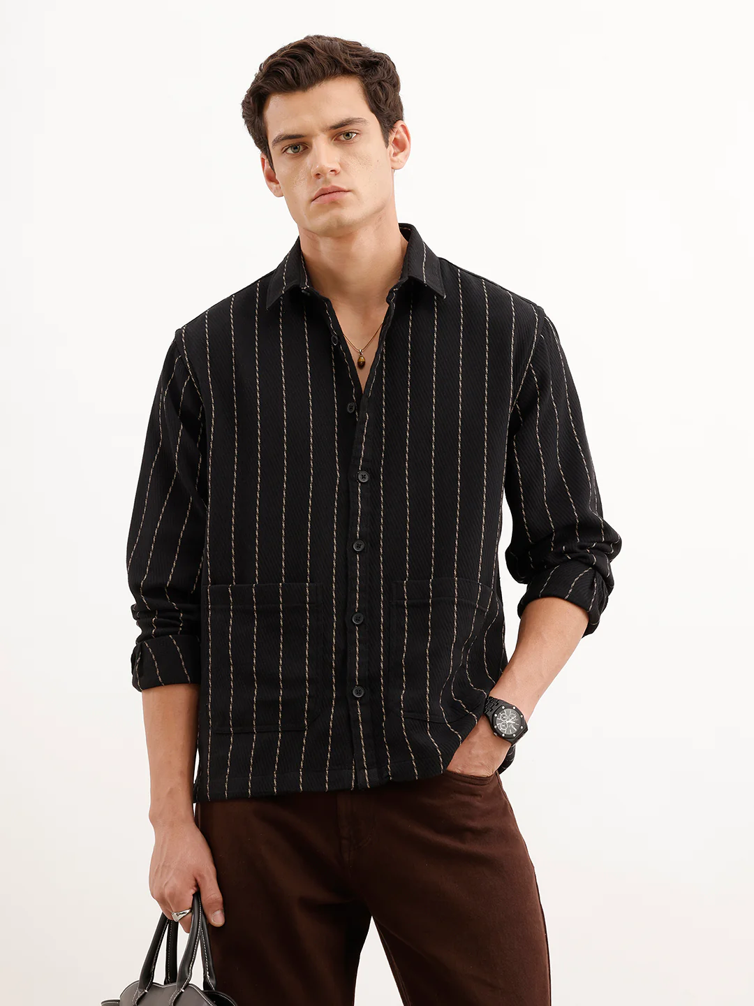 Comfort Fit Striped Textured Shirt | Black