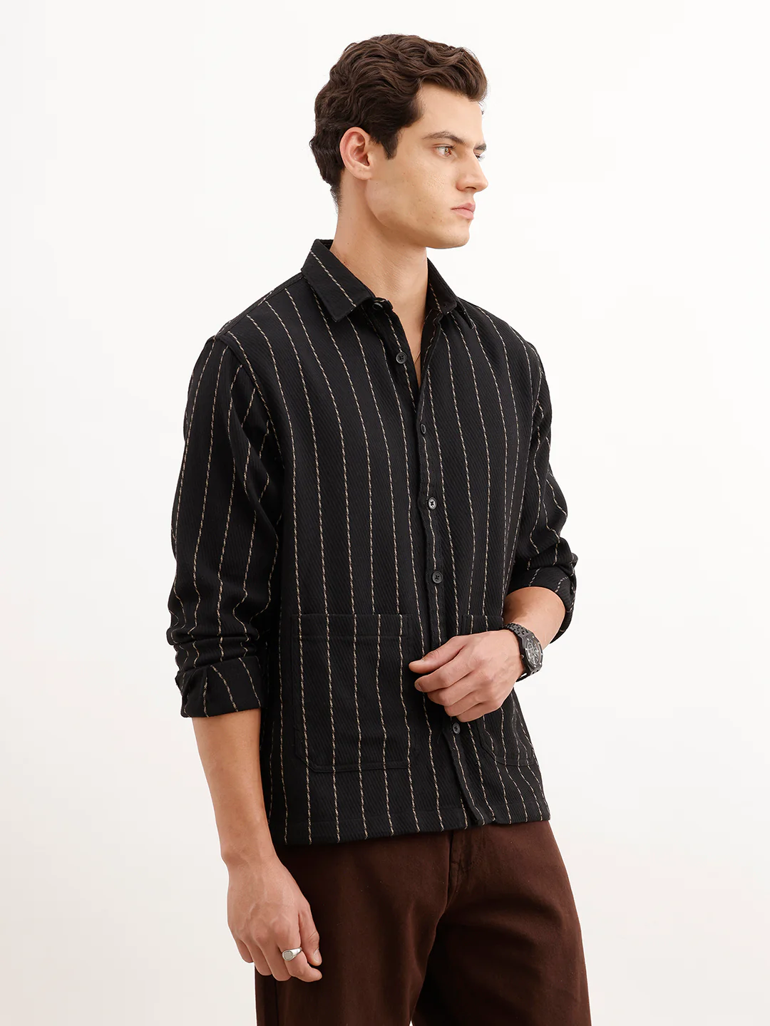 Comfort Fit Striped Textured Shirt | Black - Image 4
