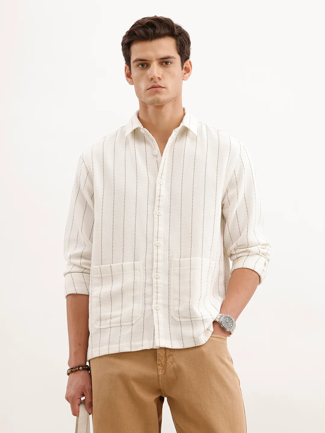 Comfort Fit Textured Striped Shirt | Off White