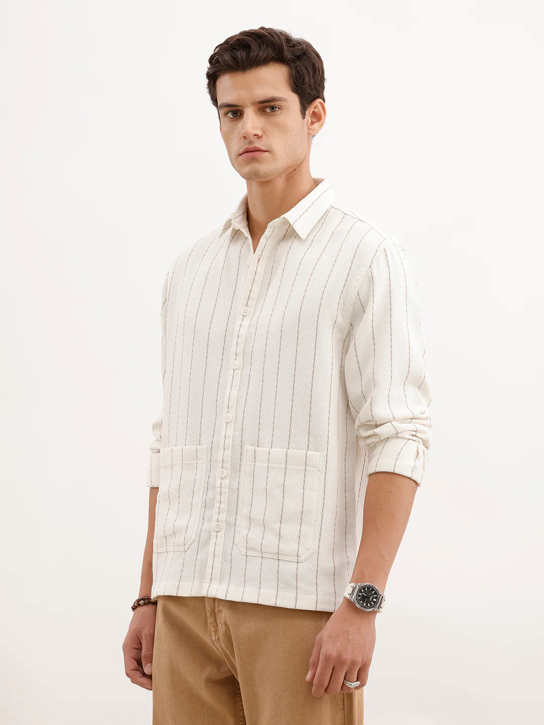 Comfort Fit Textured Striped Shirt | Off White - Image 4