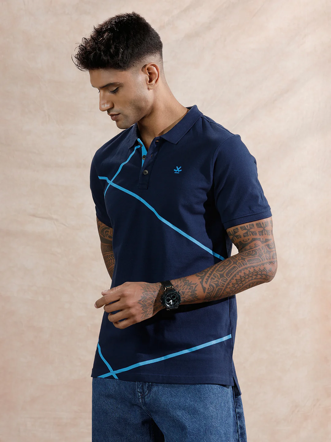 Contrast Abstract Lines Polo T-Shirt | Navy Blue