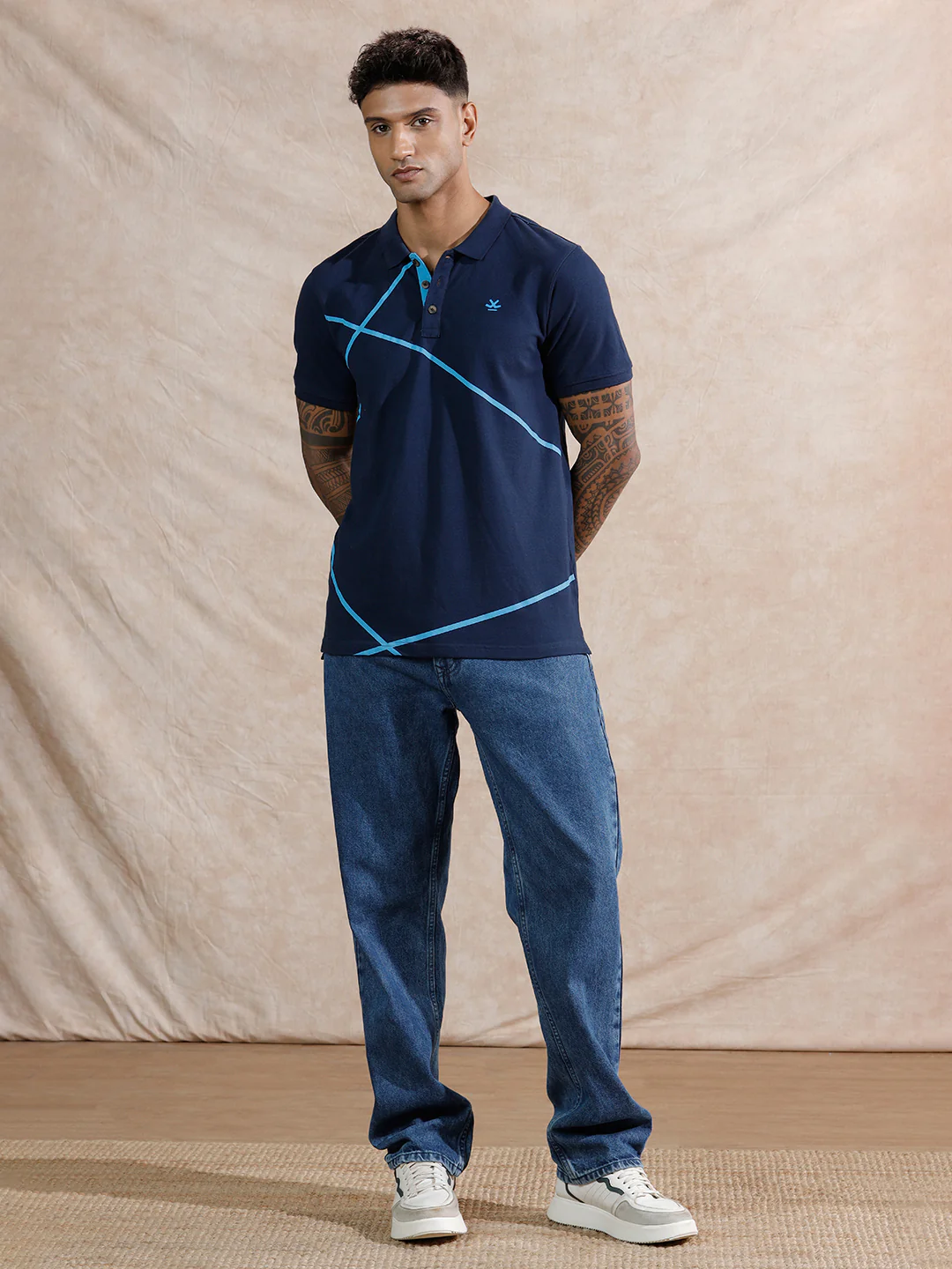 Contrast Abstract Lines Polo T-Shirt | Navy Blue - Image 2
