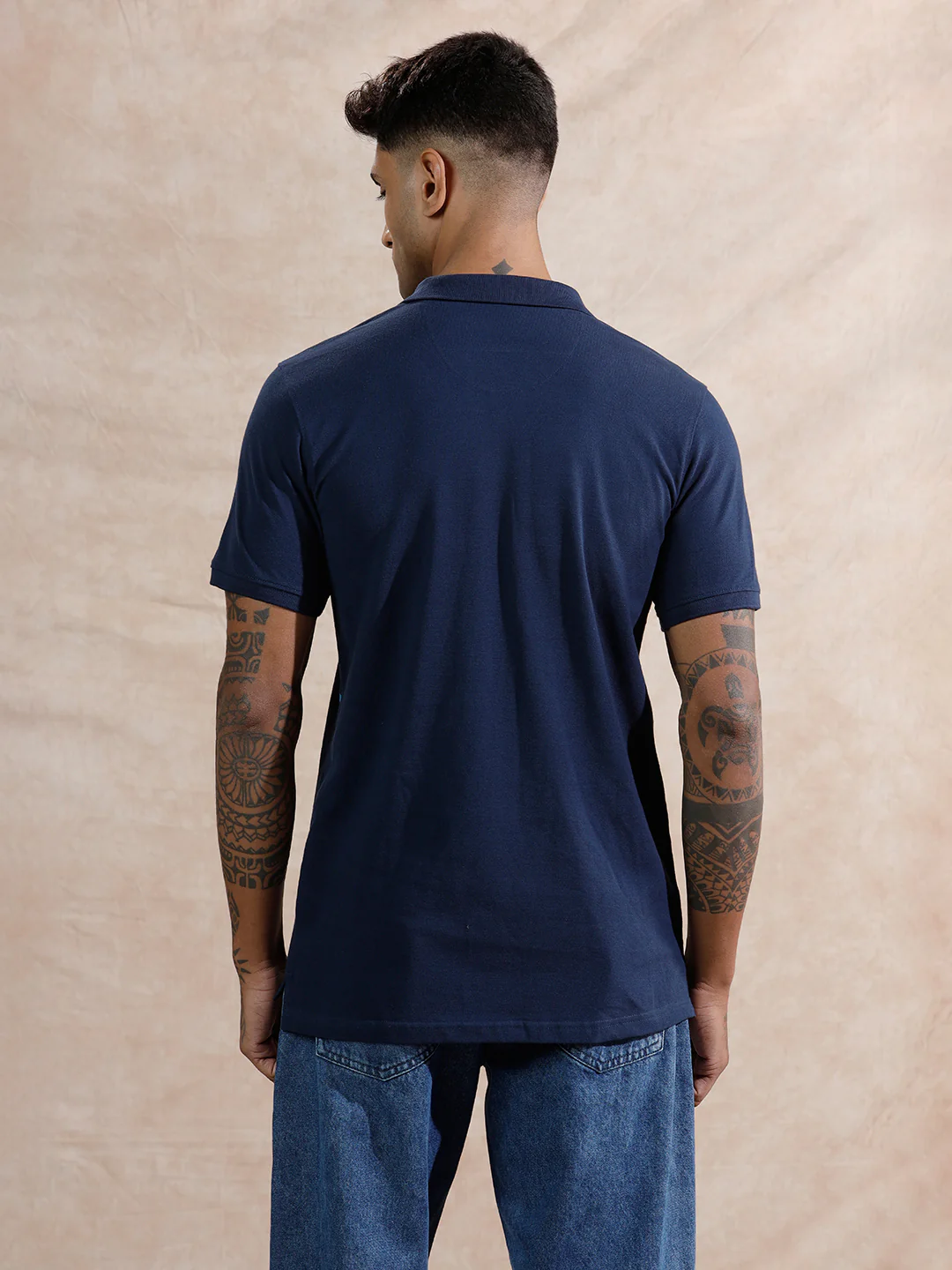 Contrast Abstract Lines Polo T-Shirt | Navy Blue - Image 3