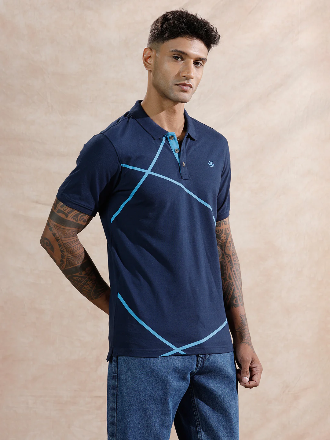 Contrast Abstract Lines Polo T-Shirt | Navy Blue - Image 4