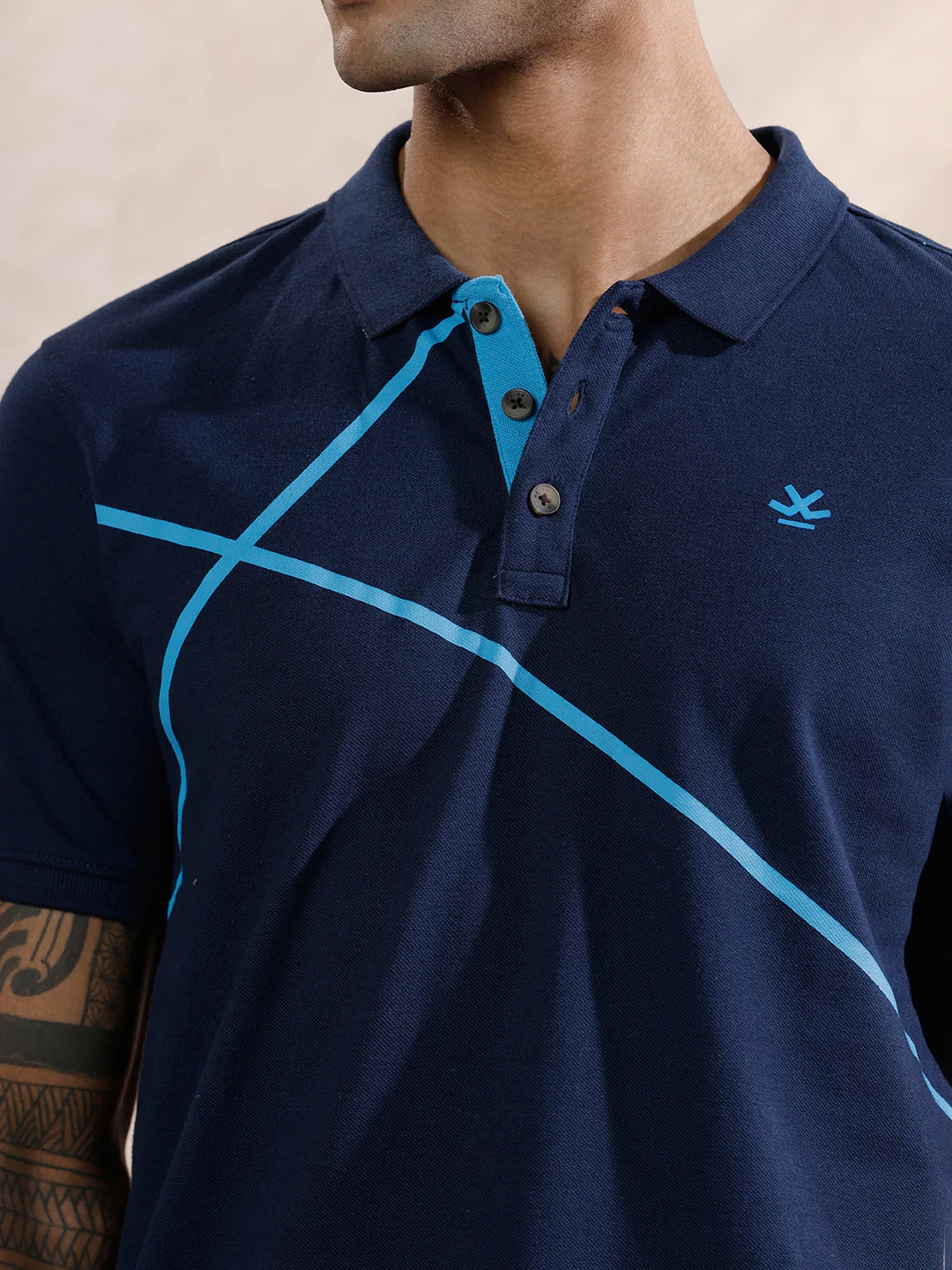 Contrast Abstract Lines Polo T-Shirt | Navy Blue - Image 5