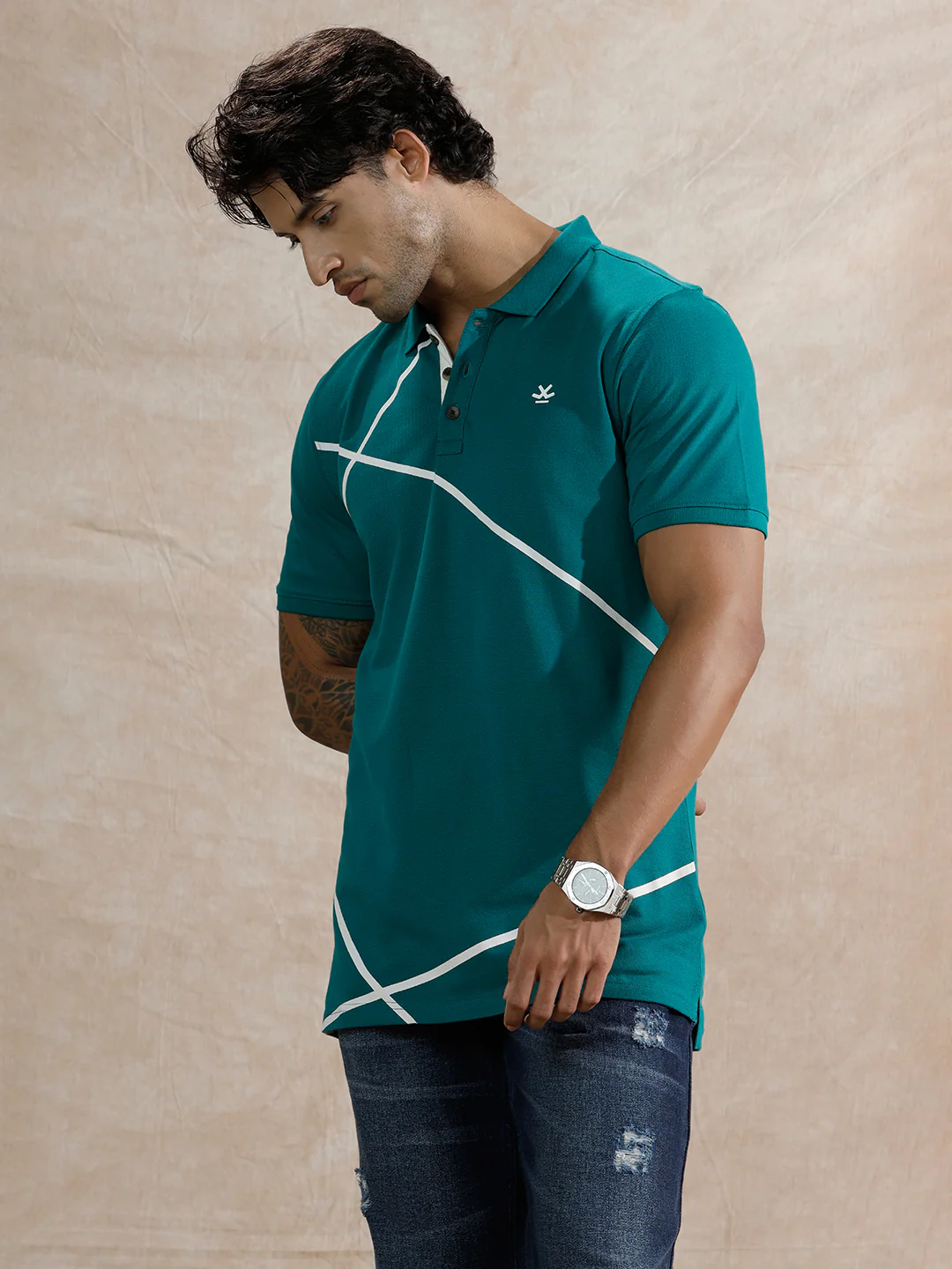 Contrast Abstract Lines Polo T-Shirt | Teal