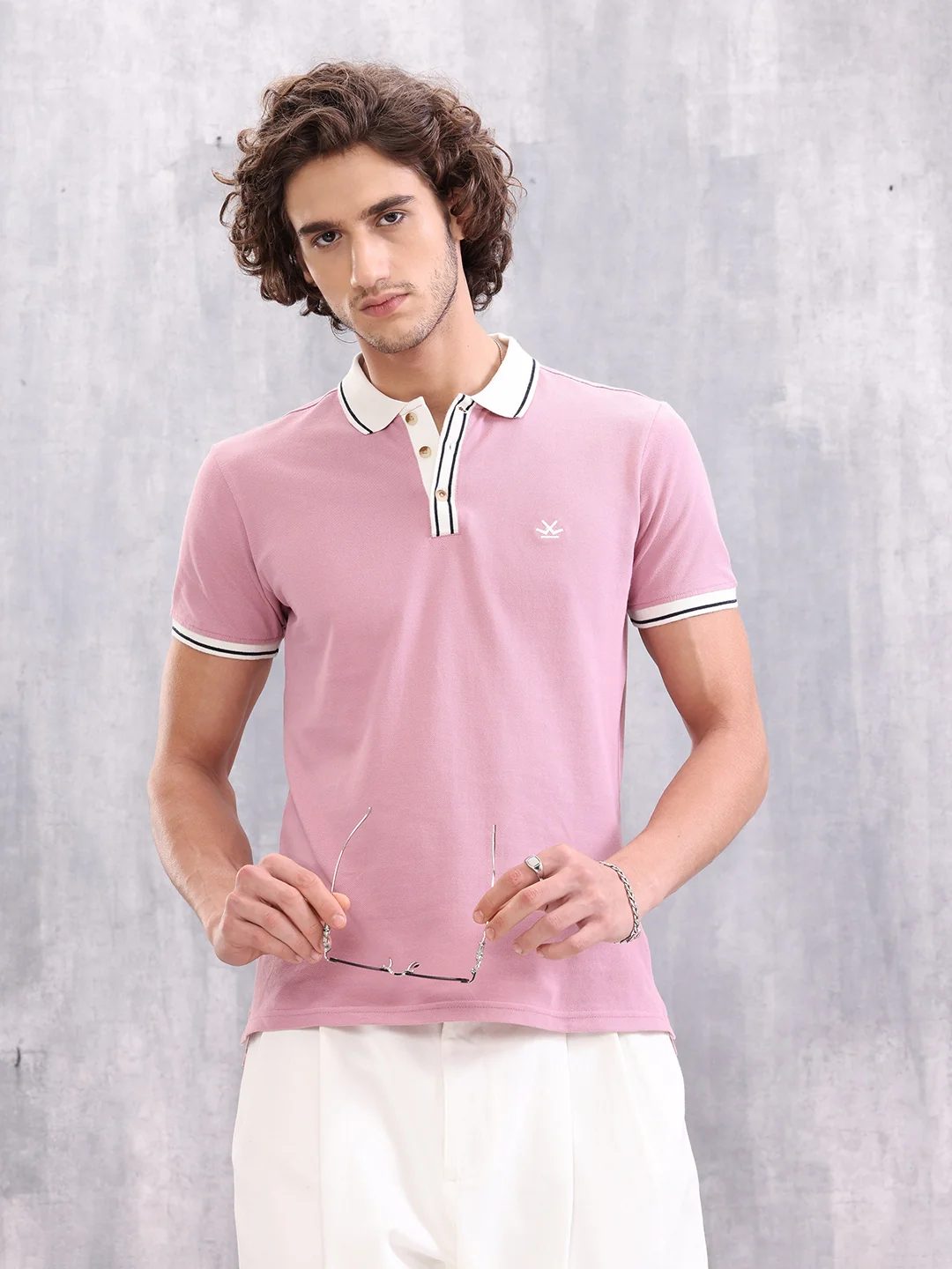 Contrast Collar Polo T-Shirt | Pink